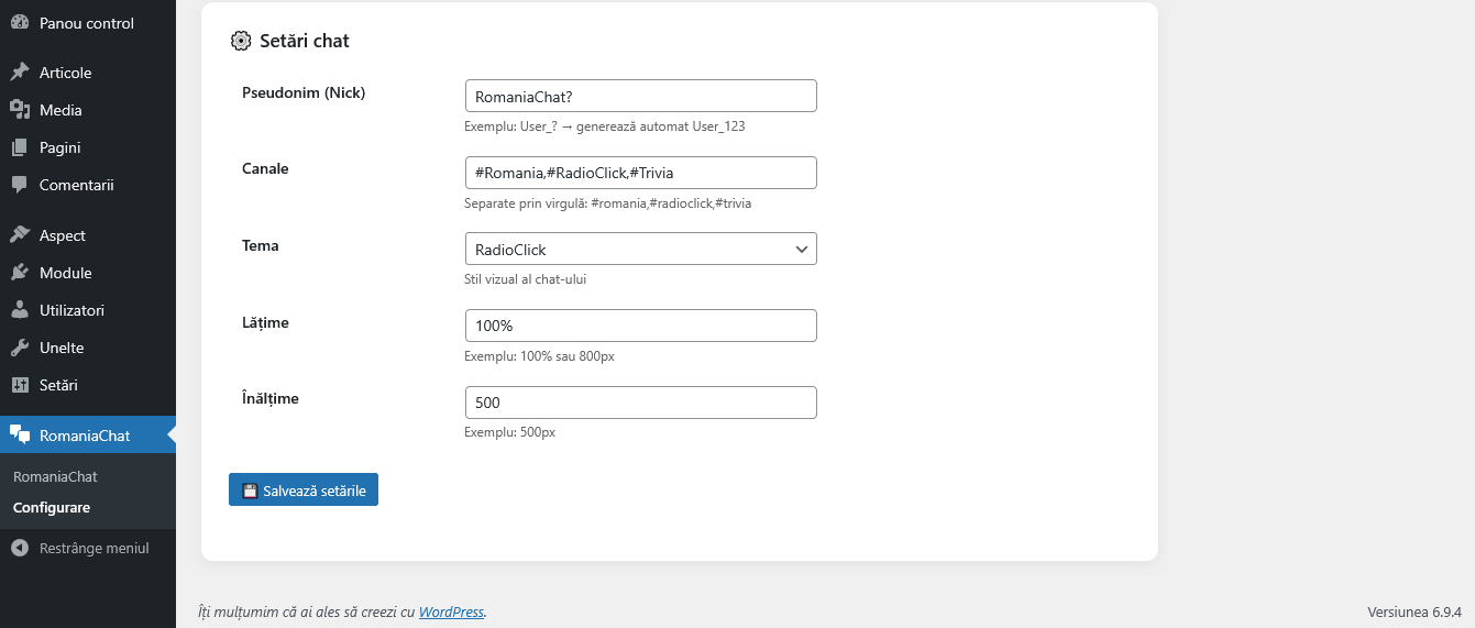 Panoul de configurare WP RomaniaChat