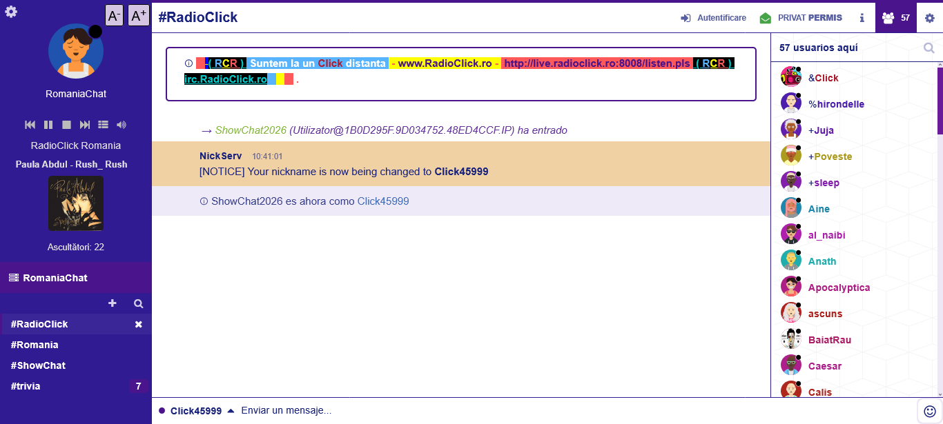 Preview chat RomaniaChat într-un browser